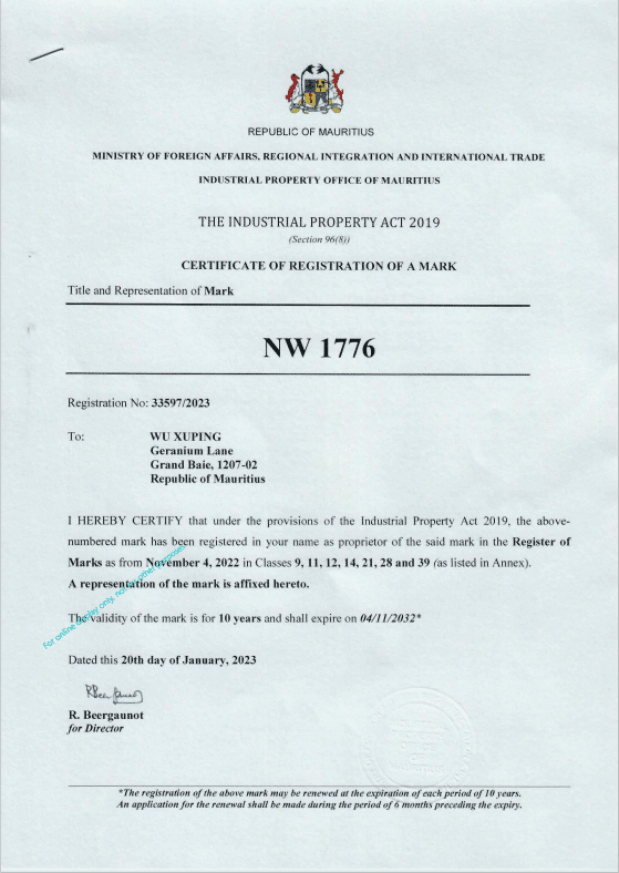NW 1776 Online Shopping Mauritius Trademark Certificate