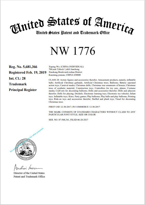 NW 1776 Online Shopping US Trademark Certificate